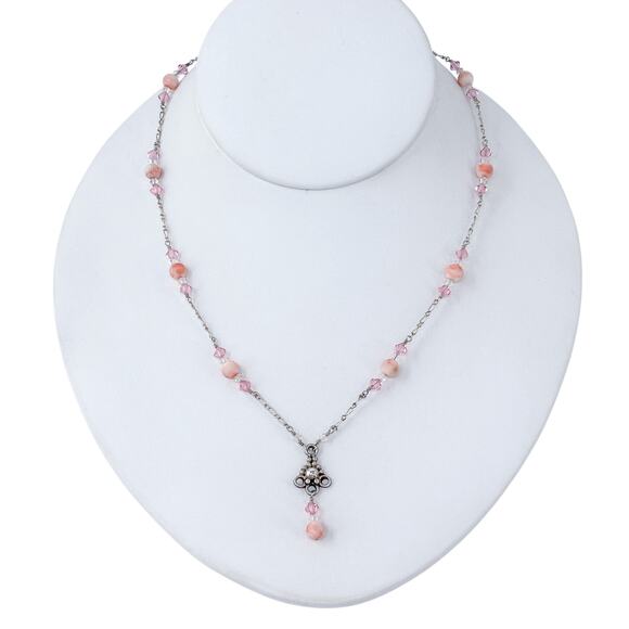 Estate Sterling Silver 925 Pink Shell & Pink Crystal Necklace 20.5" - Picture 3 of 7